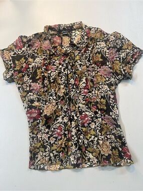 Kaity Sheer Floral Ruffle Button Front Blouse Women’s Size Large